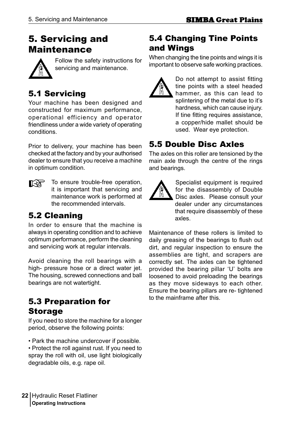 Servicing and maintenance, 1 servicing, 2 cleaning | 3 preparation for storage, 4 changing tine points and wings, 5 double disc axles | Great Plains P16229C Operator Manual User Manual | Page 22 / 92