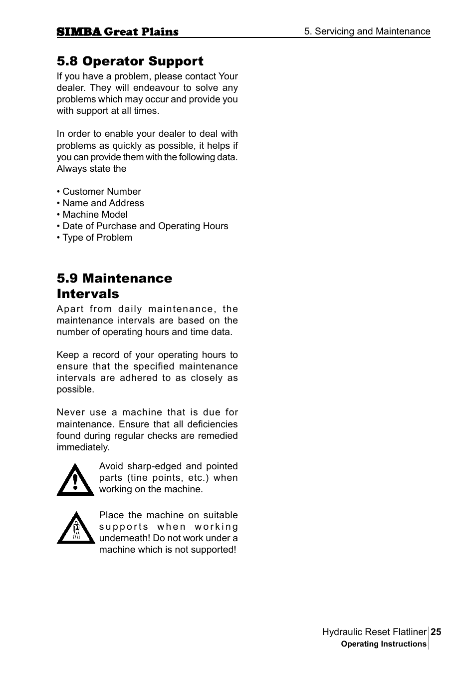 8 operator support, 9 maintenance intervals | Great Plains P16229C Operator Manual User Manual | Page 25 / 92
