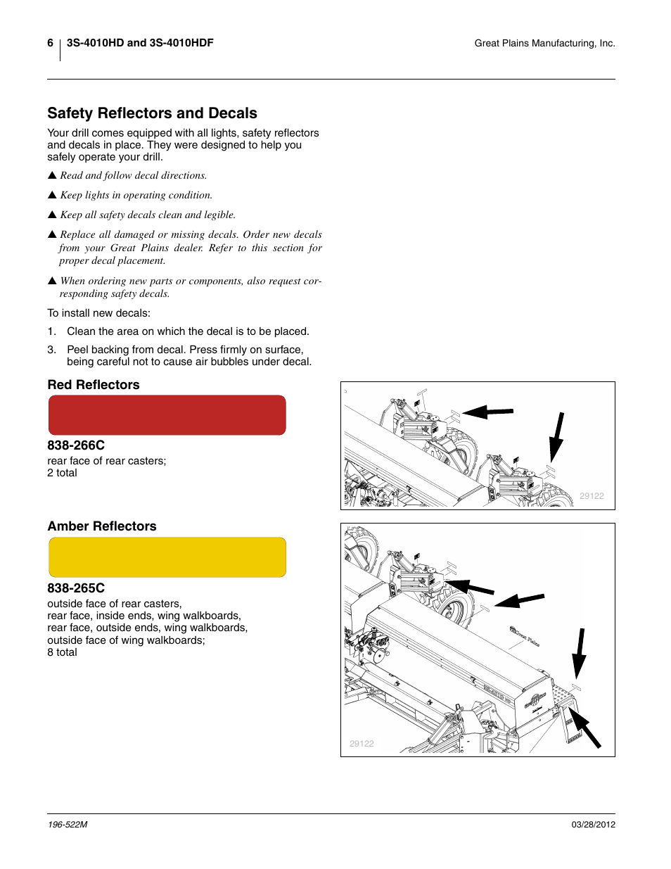 Safety reflectors and decals, Red reflectors 838-266c, Amber reflectors 838-265c | Esafety reflectors and decals | Great Plains 3S-4010HDF Operator Manual User Manual | Page 10 / 122