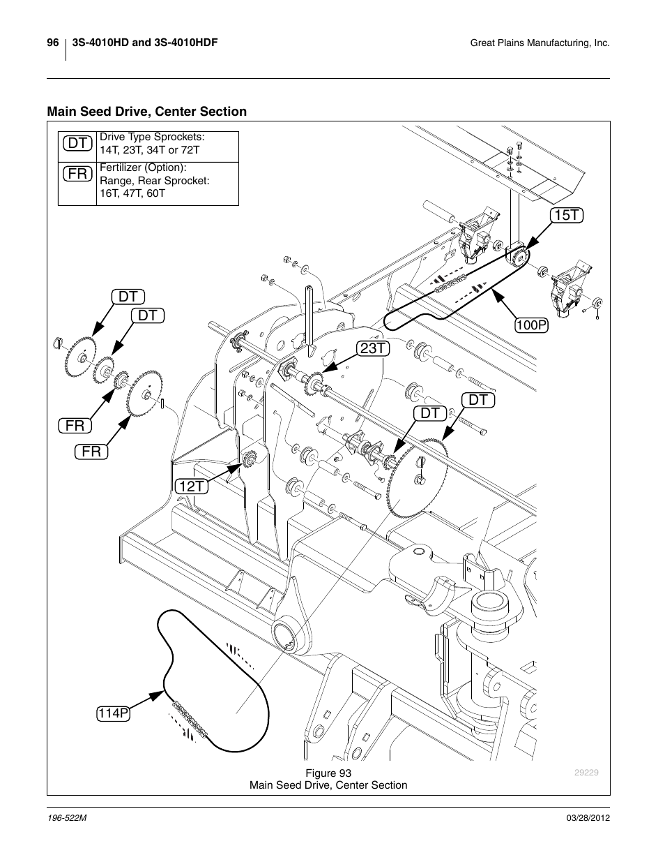 Main seed drive, center section, Dt 12t, Dt 23t | Dt fr dt dt, Fr 15t | Great Plains 3S-4010HDF Operator Manual User Manual | Page 100 / 122