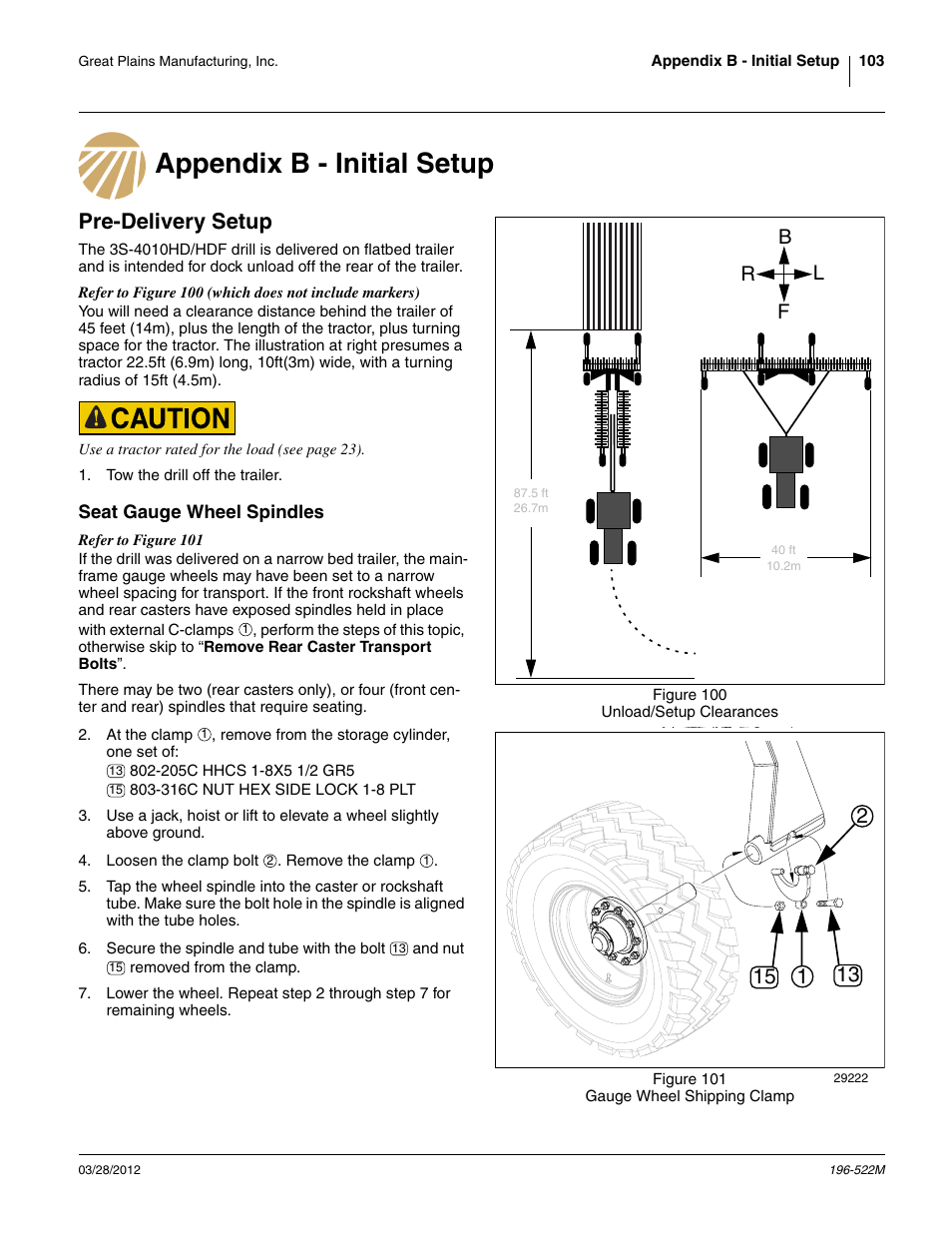 Appendix b - initial setup, Pre-delivery setup, Seat gauge wheel spindles | Appendix b - initial setup pre-delivery setup, Bf l r | Great Plains 3S-4010HDF Operator Manual User Manual | Page 107 / 122