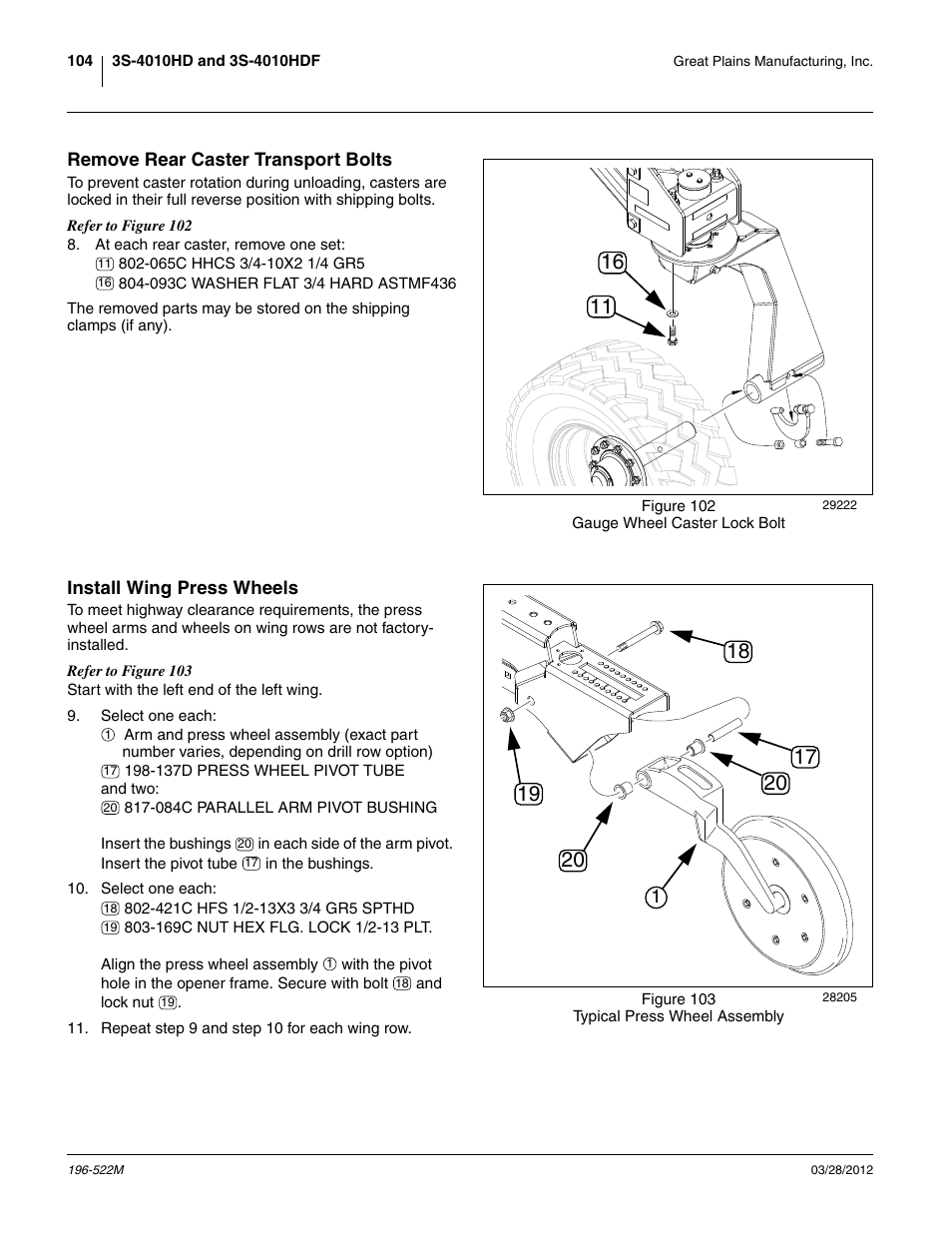 Remove rear caster transport bolts, Install wing press wheels | Great Plains 3S-4010HDF Operator Manual User Manual | Page 108 / 122