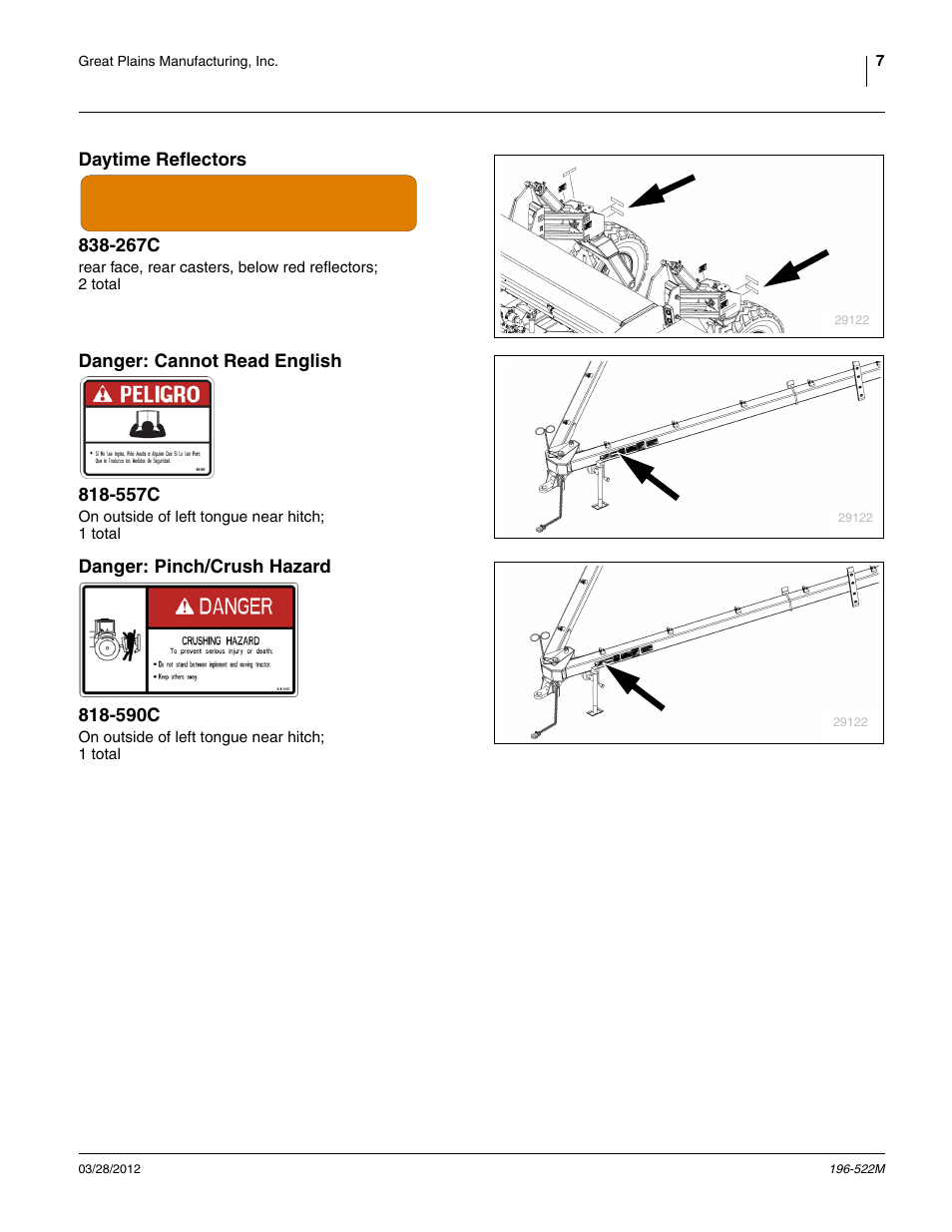 Daytime reflectors 838-267c, Danger: cannot read english 818-557c, Danger: pinch/crush hazard 818-590c | Great Plains 3S-4010HDF Operator Manual User Manual | Page 11 / 122