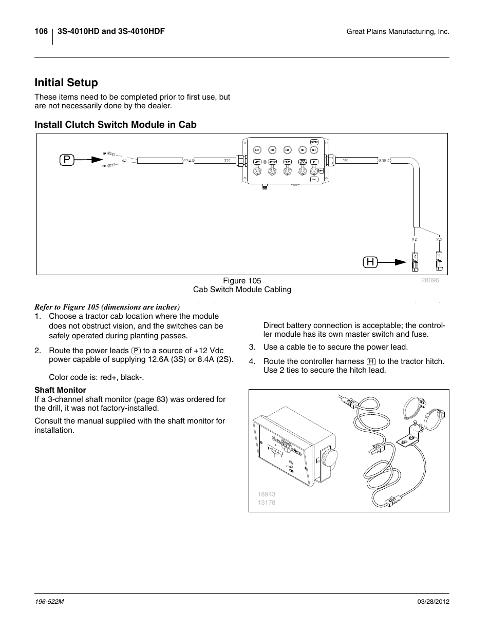 Initial setup, Install clutch switch module in cab, Shaft monitor | Einitial setup | Great Plains 3S-4010HDF Operator Manual User Manual | Page 110 / 122