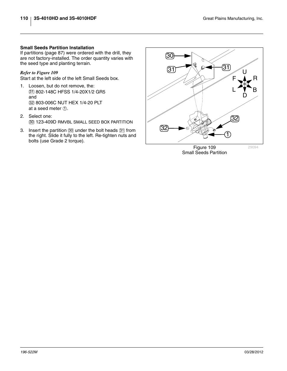 Small seeds partition installation | Great Plains 3S-4010HDF Operator Manual User Manual | Page 114 / 122