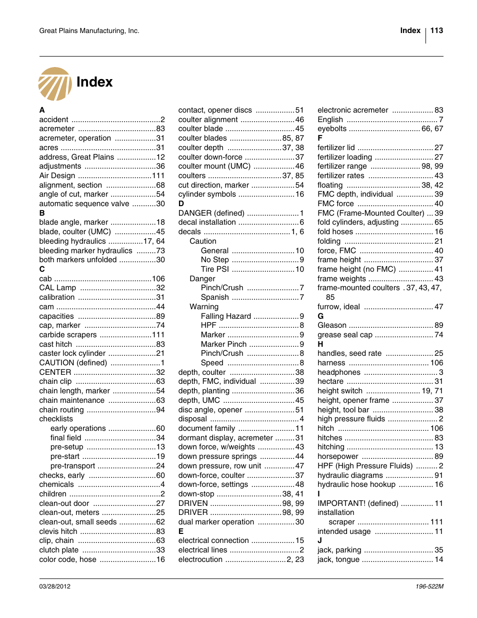 Index | Great Plains 3S-4010HDF Operator Manual User Manual | Page 117 / 122