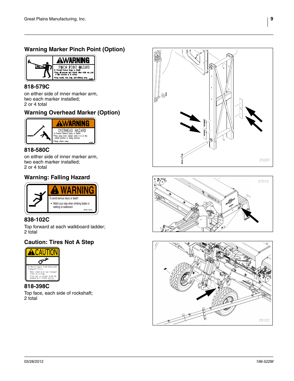 Warning marker pinch point (option) 818-579c, Warning overhead marker (option) 818-580c, Warning: falling hazard 838-102c | Caution: tires not a step 818-398c, Warning | Great Plains 3S-4010HDF Operator Manual User Manual | Page 13 / 122