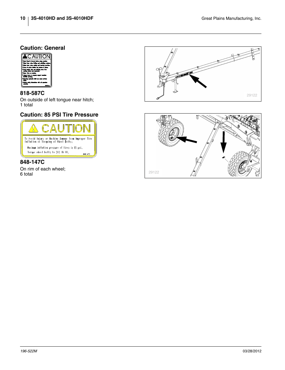 Caution: general 818-587c, Caution: 85 psi tire pressure 848-147c | Great Plains 3S-4010HDF Operator Manual User Manual | Page 14 / 122