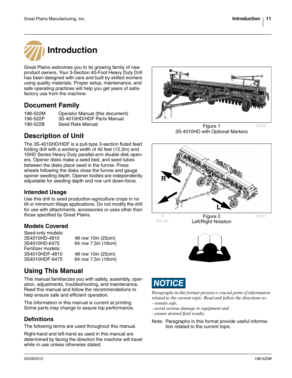 Introduction, Document family, Description of unit | Intended usage, Models covered, Using this manual, Definitions, Introduction document family description of unit, Intended usage models covered | Great Plains 3S-4010HDF Operator Manual User Manual | Page 15 / 122