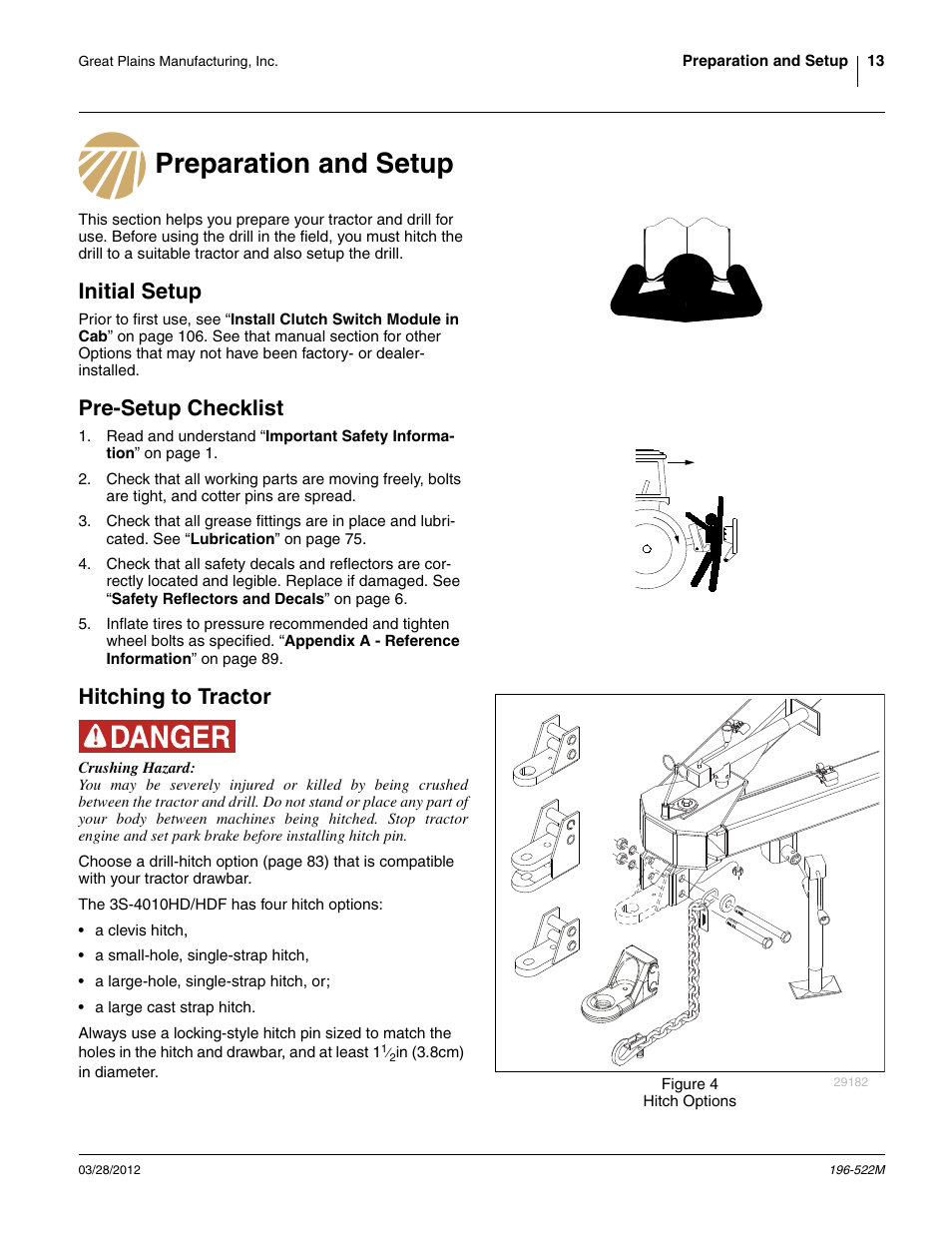 Preparation and setup, Initial setup, Pre-setup checklist | Hitching to tractor | Great Plains 3S-4010HDF Operator Manual User Manual | Page 17 / 122