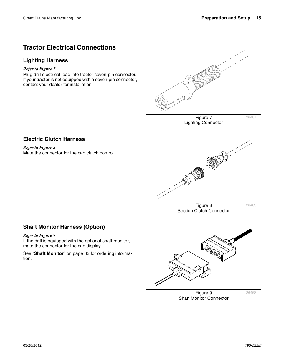 Tractor electrical connections, Lighting harness, Electric clutch harness | Shaft monitor harness (option) | Great Plains 3S-4010HDF Operator Manual User Manual | Page 19 / 122
