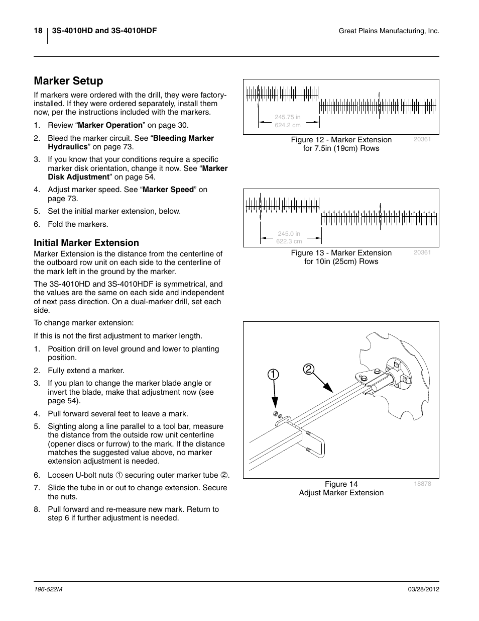 Marker setup, Initial marker extension, Emarker setup | Great Plains 3S-4010HDF Operator Manual User Manual | Page 22 / 122