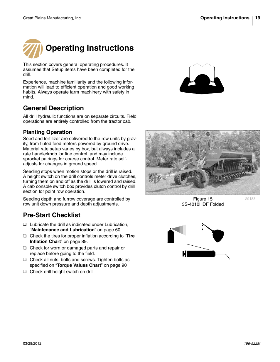 Operating instructions, General description, Planting operation | Pre-start checklist, Operating instructions general description | Great Plains 3S-4010HDF Operator Manual User Manual | Page 23 / 122