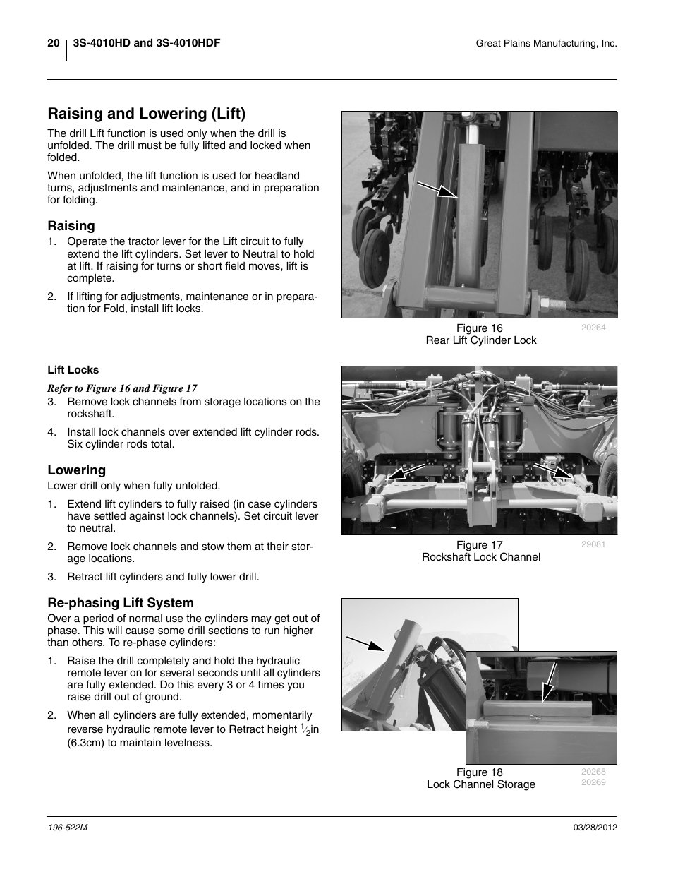 Raising and lowering (lift), Raising, Lift locks | Lowering, Re-phasing lift system, Lowering re-phasing lift system, Eraising and lowering (lift) | Great Plains 3S-4010HDF Operator Manual User Manual | Page 24 / 122