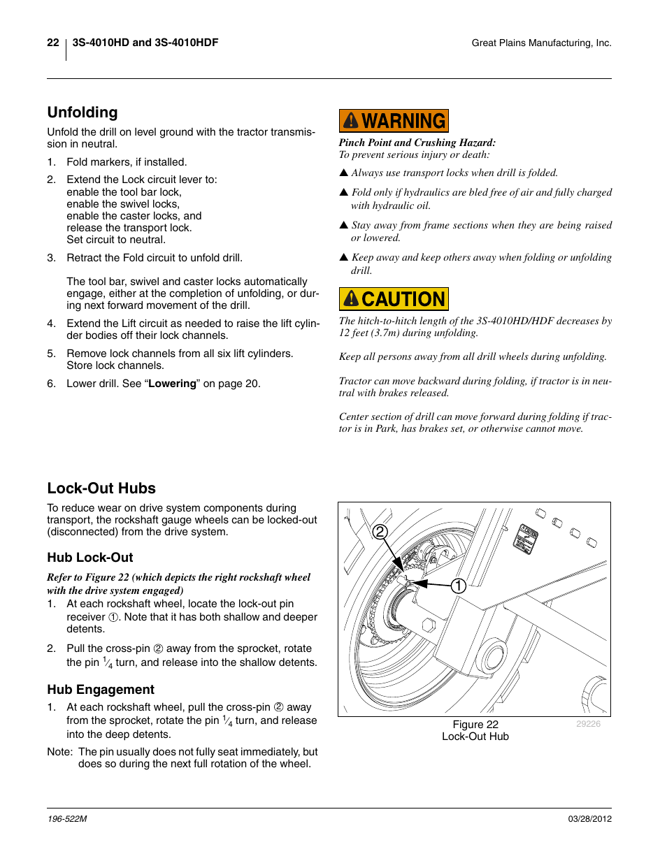 Unfolding, Lock-out hubs, Hub lock-out | Hub engagement, Unfolding lock-out hubs, Hub lock-out hub engagement, Eunfolding | Great Plains 3S-4010HDF Operator Manual User Manual | Page 26 / 122