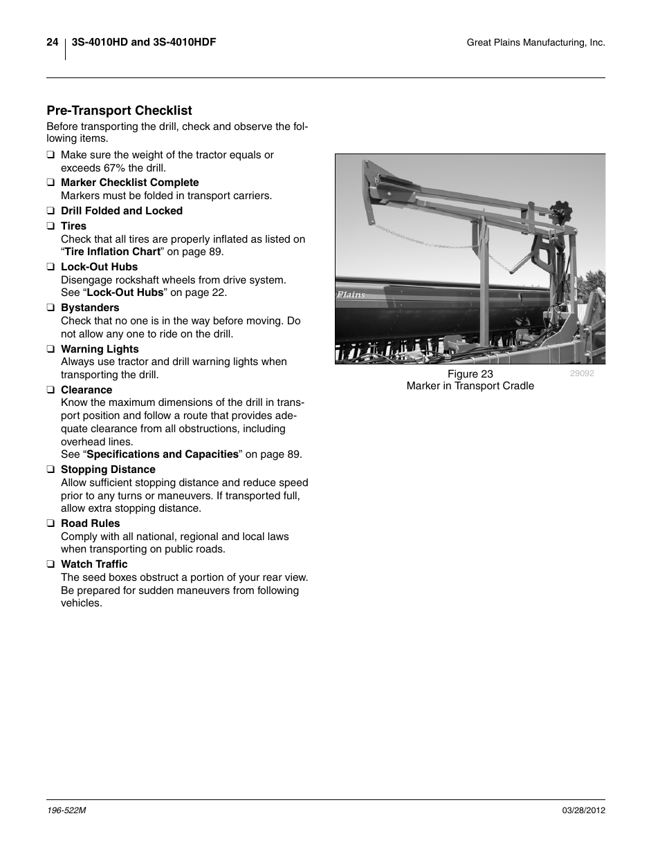 Pre-transport checklist | Great Plains 3S-4010HDF Operator Manual User Manual | Page 28 / 122
