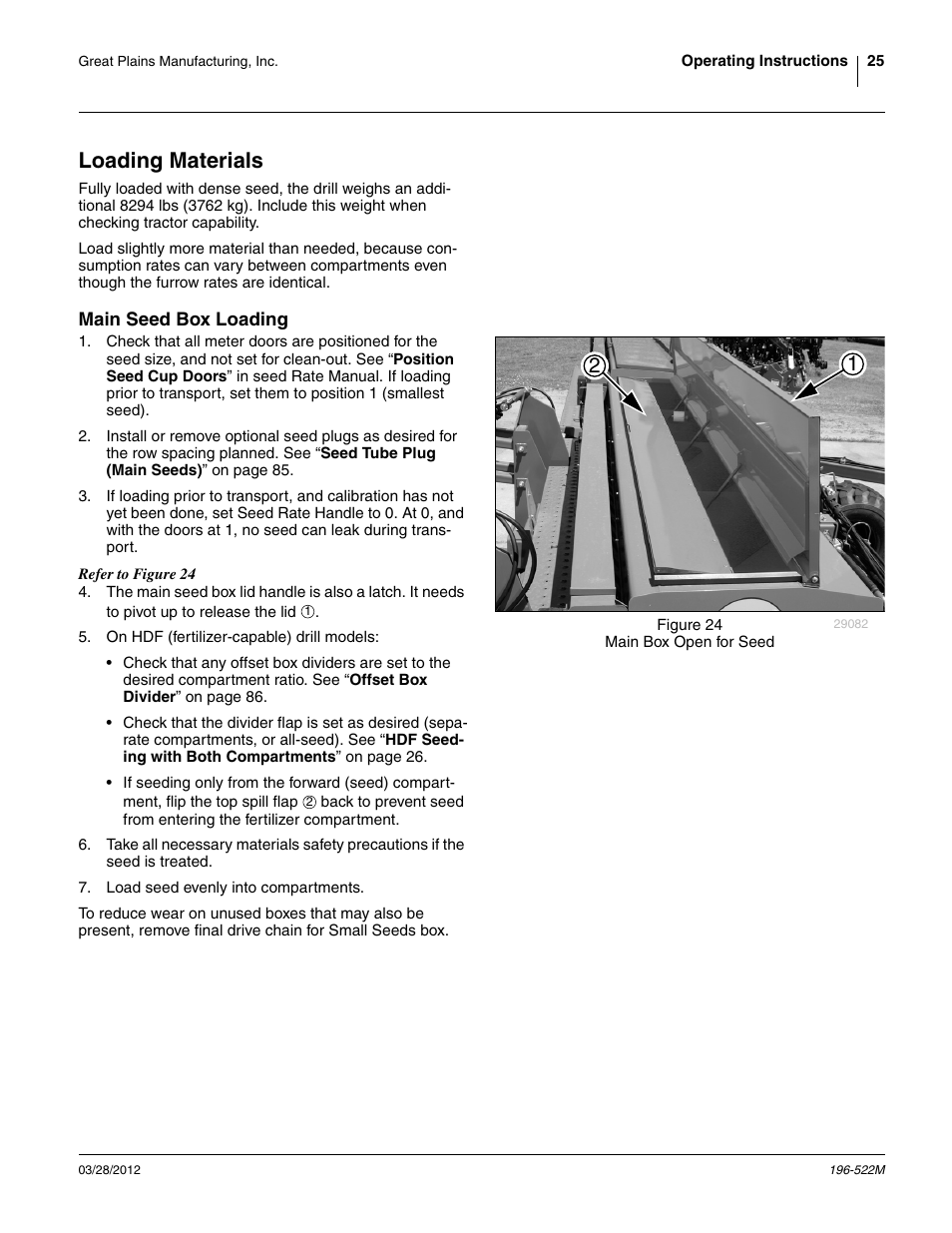 Loading materials, Main seed box loading | Great Plains 3S-4010HDF Operator Manual User Manual | Page 29 / 122