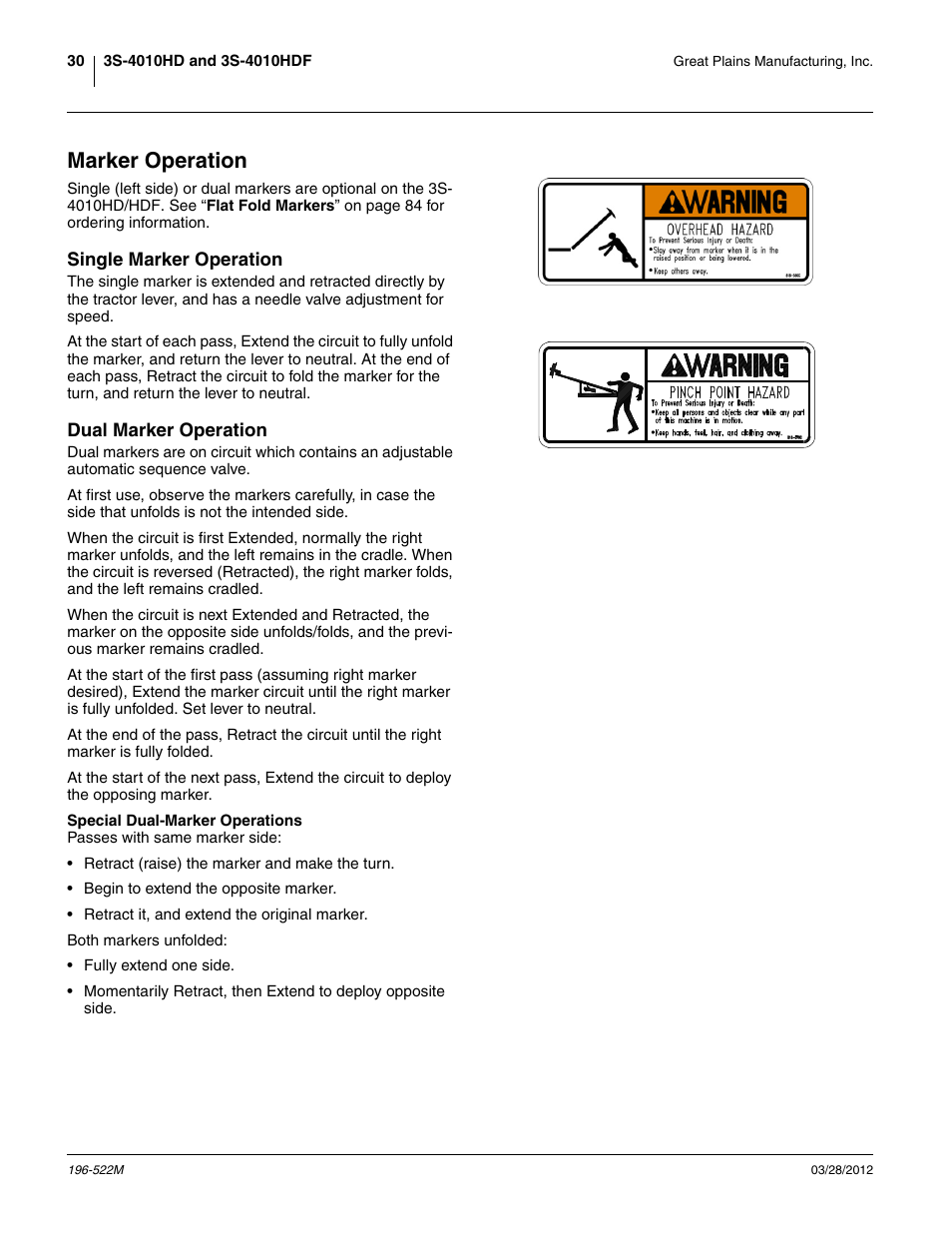 Marker operation, Single marker operation, Dual marker operation | Special dual-marker operations, Single marker operation dual marker operation, Emarker operation | Great Plains 3S-4010HDF Operator Manual User Manual | Page 34 / 122