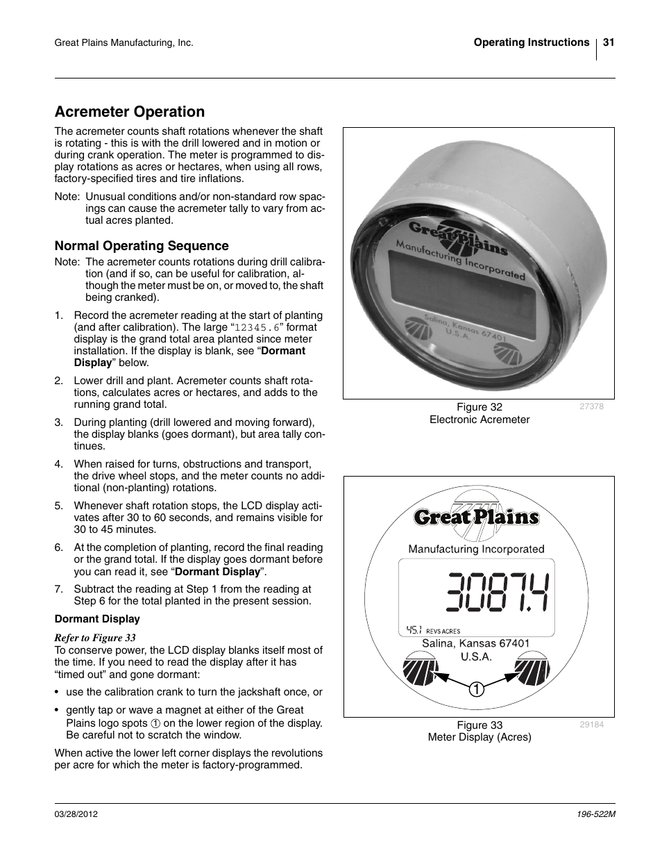 Acremeter operation, Normal operating sequence, Dormant display | Great Plains 3S-4010HDF Operator Manual User Manual | Page 35 / 122