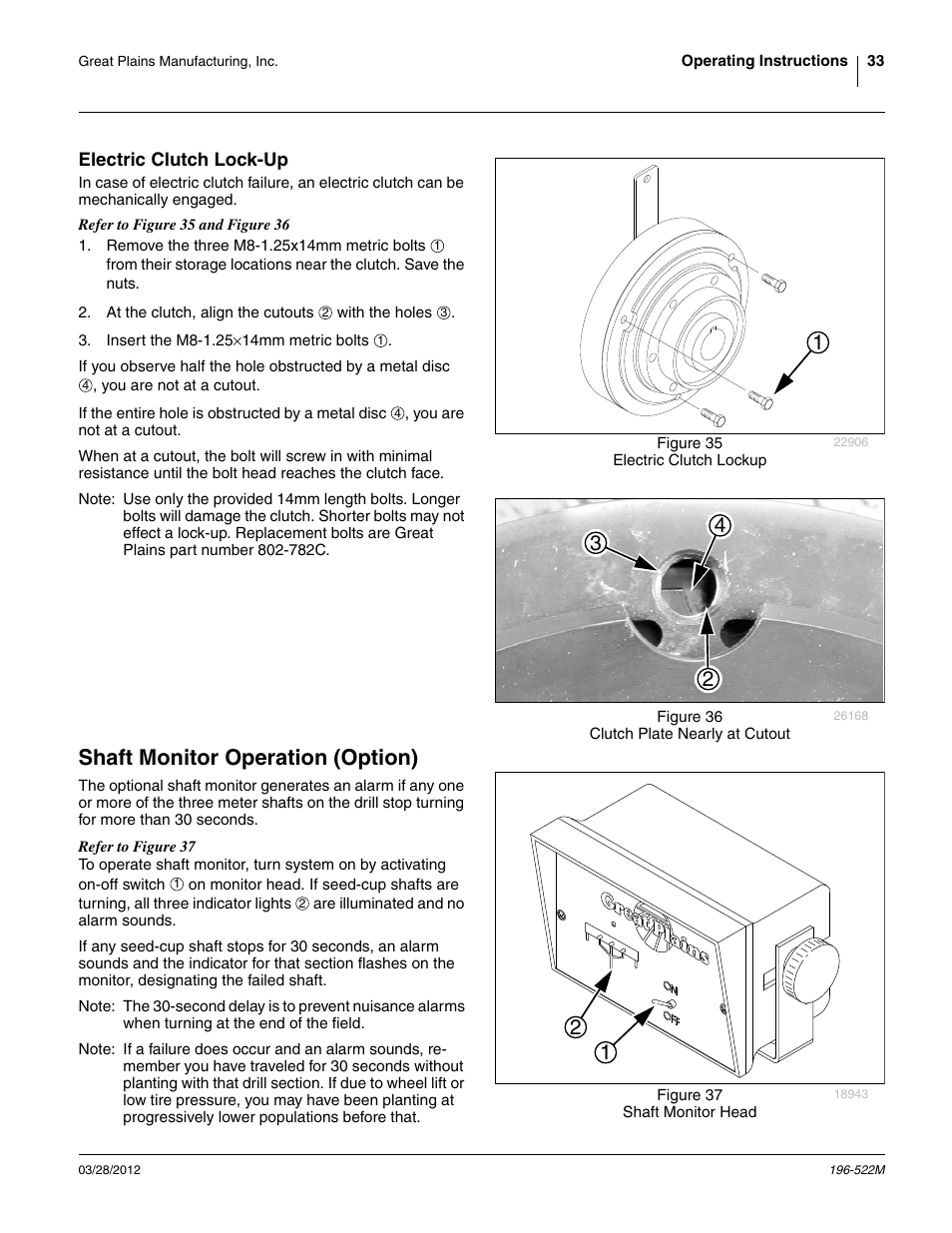 Electric clutch lock-up, Shaft monitor operation (option) | Great Plains 3S-4010HDF Operator Manual User Manual | Page 37 / 122