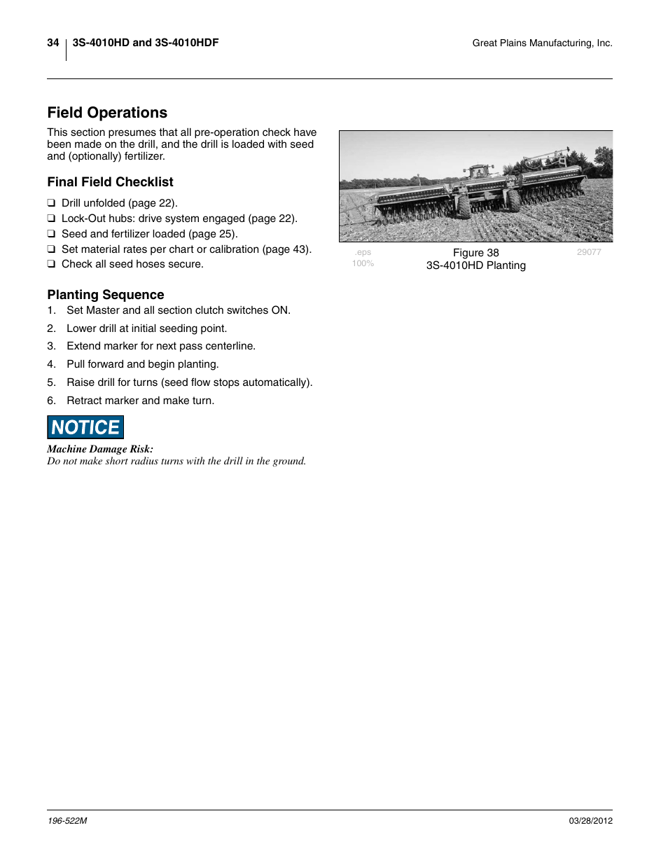 Field operations, Final field checklist, Planting sequence | Final field checklist planting sequence, Efield operations | Great Plains 3S-4010HDF Operator Manual User Manual | Page 38 / 122