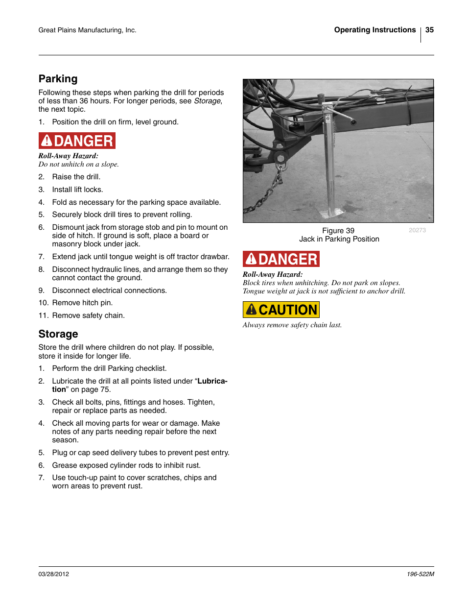 Parking, Storage, Parking storage | Great Plains 3S-4010HDF Operator Manual User Manual | Page 39 / 122