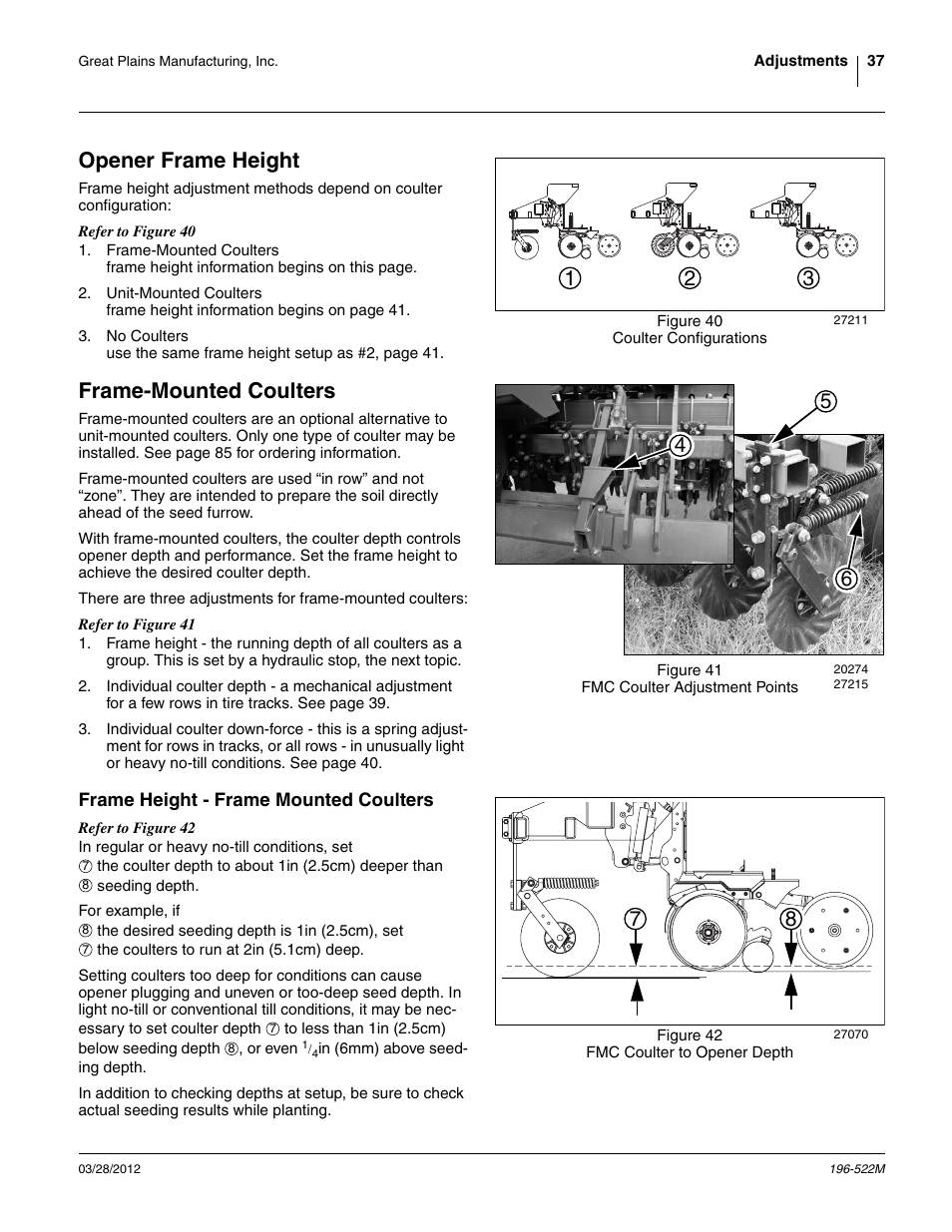 Opener frame height, Frame-mounted coulters, Frame height - frame mounted coulters | Opener frame height frame-mounted coulters, Frame-mounted coulters (fmc) | Great Plains 3S-4010HDF Operator Manual User Manual | Page 41 / 122