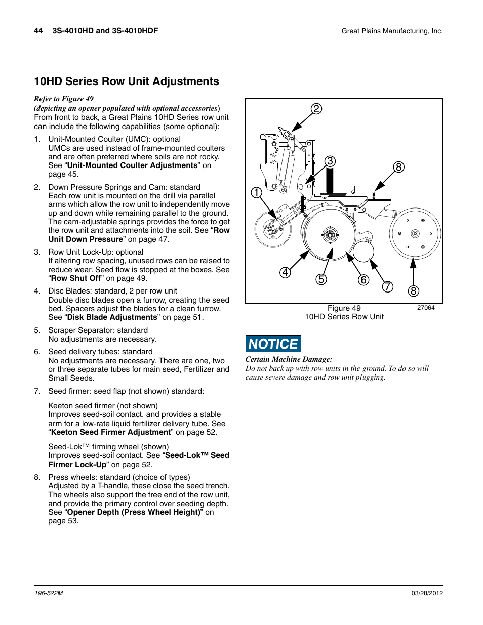 10hd series row unit adjustments, E10hd series row unit adjustments | Great Plains 3S-4010HDF Operator Manual User Manual | Page 48 / 122