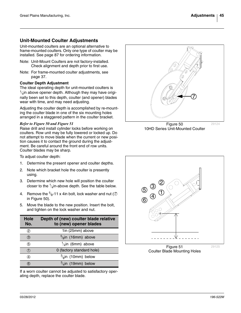 Unit-mounted coulter adjustments, Coulter depth adjustment, Unit-mounted coulter depth adjustment | Great Plains 3S-4010HDF Operator Manual User Manual | Page 49 / 122