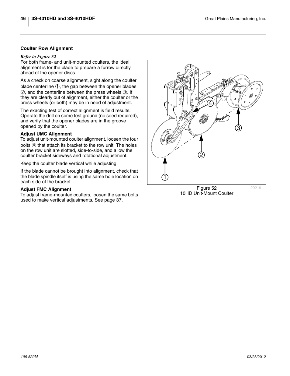 Coulter row alignment, Adjust umc alignment, Adjust fmc alignment | Great Plains 3S-4010HDF Operator Manual User Manual | Page 50 / 122
