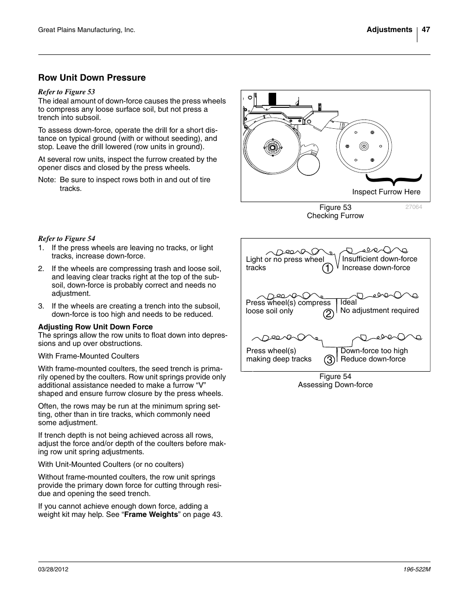 Row unit down pressure, Adjusting row unit down force | Great Plains 3S-4010HDF Operator Manual User Manual | Page 51 / 122