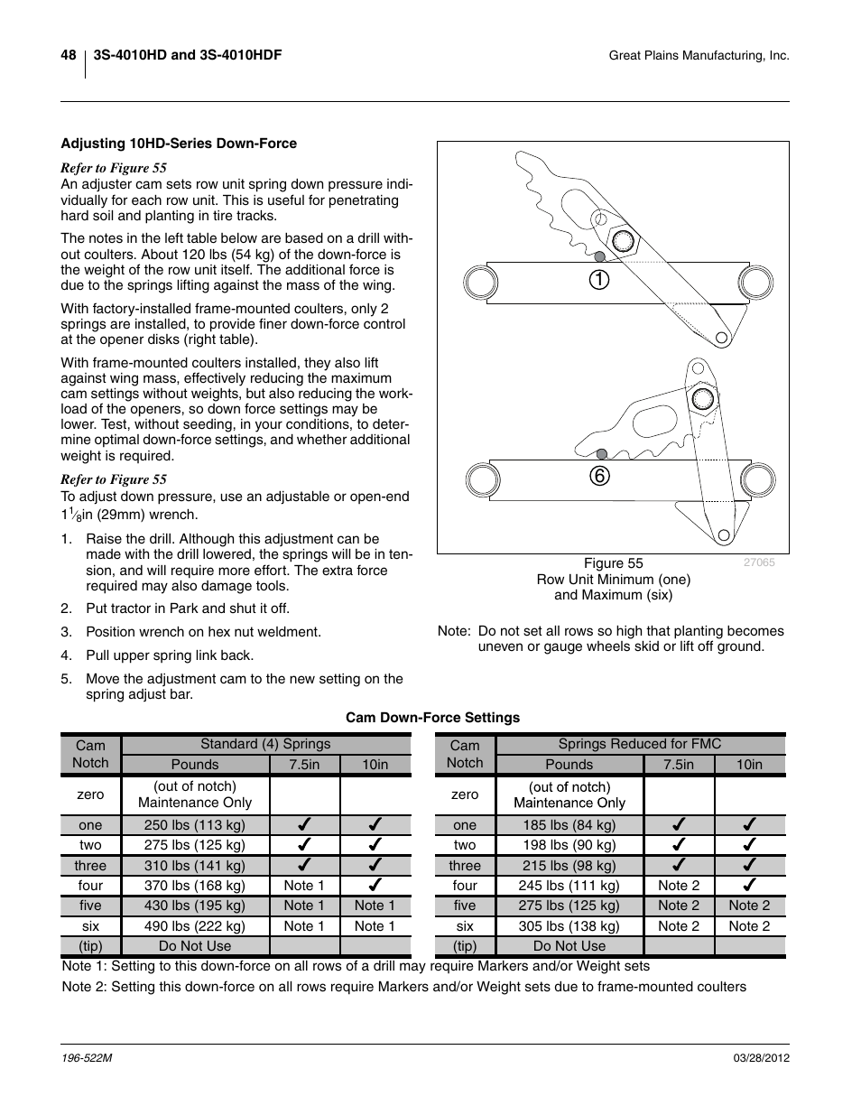 Adjusting 10hd-series down-force, Cam down-force settings | Great Plains 3S-4010HDF Operator Manual User Manual | Page 52 / 122