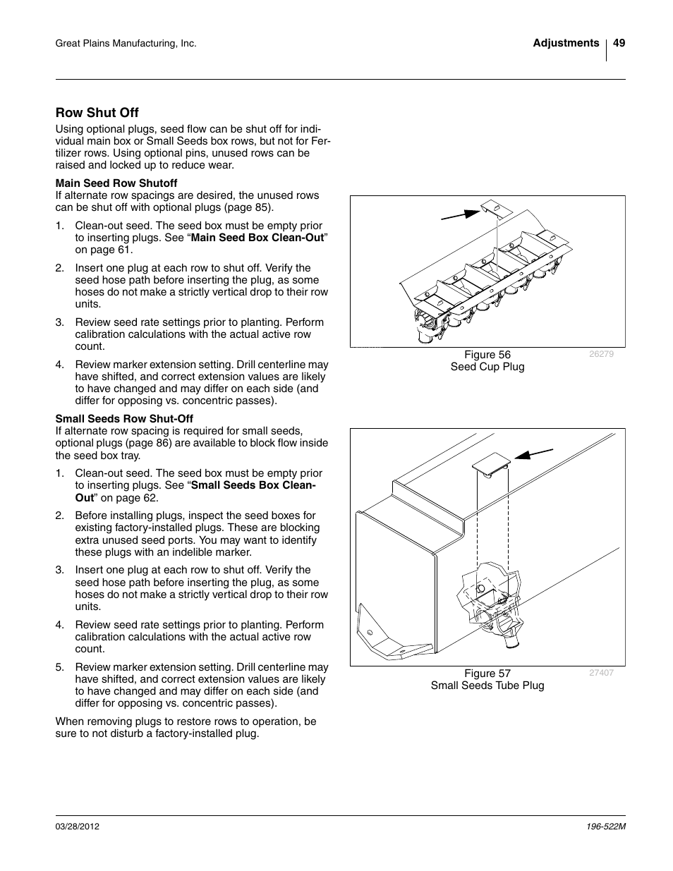 Row shut off, Main seed row shutoff, Small seeds row shut-off | Main seed row shutoff small seeds row shut-off | Great Plains 3S-4010HDF Operator Manual User Manual | Page 53 / 122