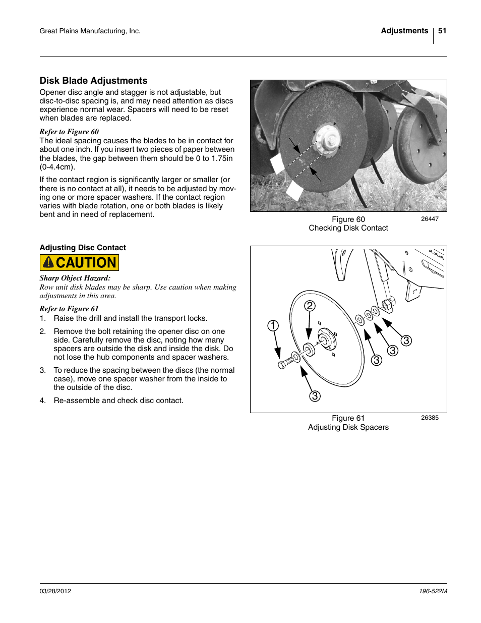 Disk blade adjustments, Adjusting disc contact, Disk blade adjustments (as ro | Great Plains 3S-4010HDF Operator Manual User Manual | Page 55 / 122