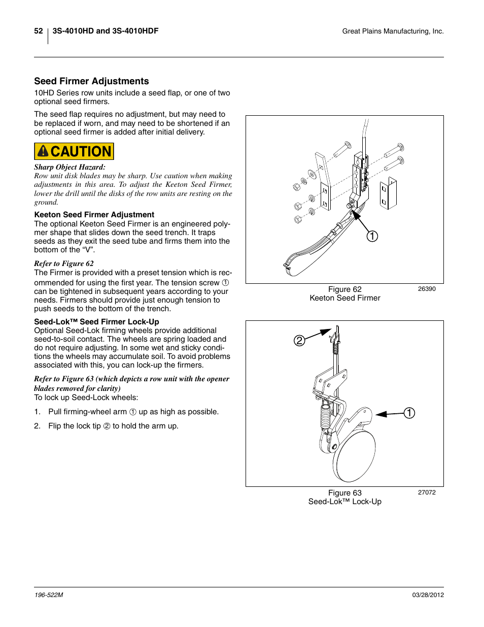 Seed firmer adjustments, Keeton seed firmer adjustment, Seed-lok™ seed firmer lock-up | Great Plains 3S-4010HDF Operator Manual User Manual | Page 56 / 122