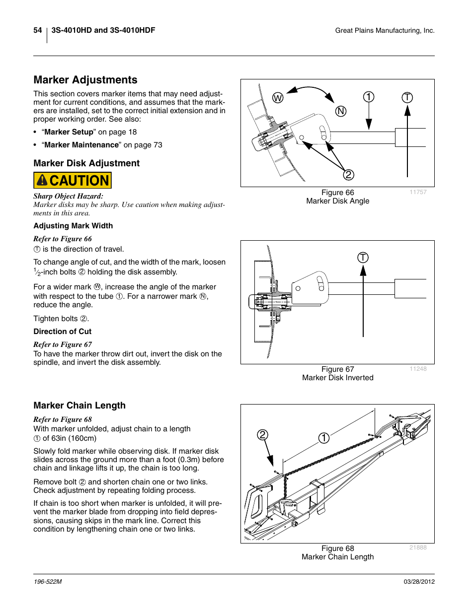 Marker adjustments, Marker disk adjustment, Adjusting mark width | Direction of cut, Marker chain length, Adjusting mark width direction of cut, Emarker adjustments | Great Plains 3S-4010HDF Operator Manual User Manual | Page 58 / 122