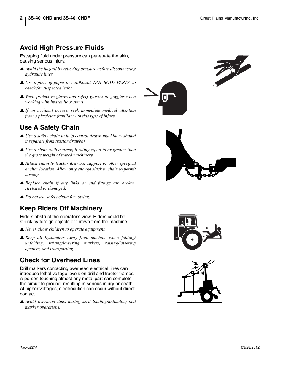 Avoid high pressure fluids, Use a safety chain, Keep riders off machinery | Check for overhead lines, Eavoid high pressure fluids | Great Plains 3S-4010HDF Operator Manual User Manual | Page 6 / 122