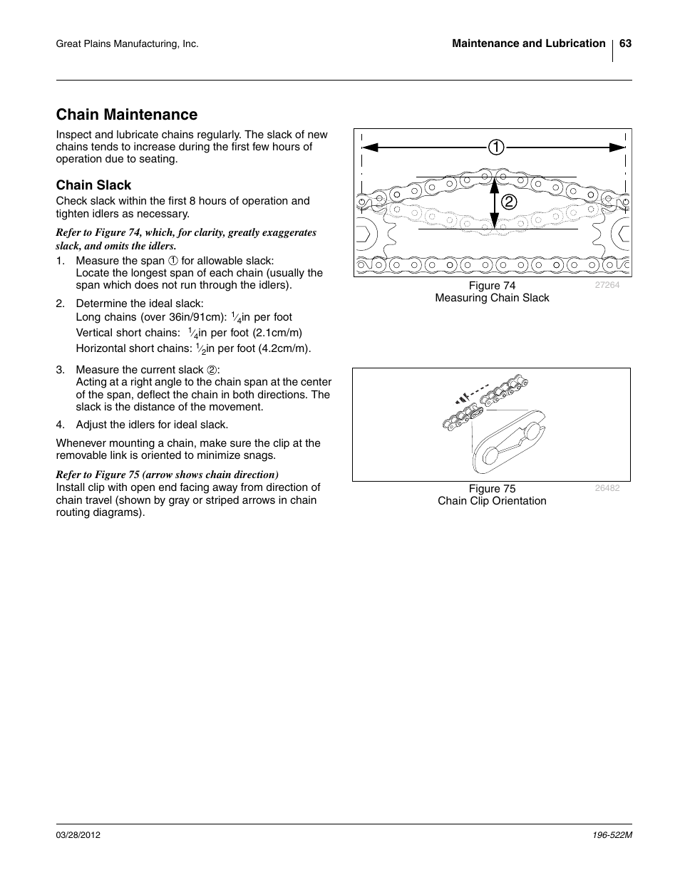 Chain maintenance, Chain slack | Great Plains 3S-4010HDF Operator Manual User Manual | Page 67 / 122