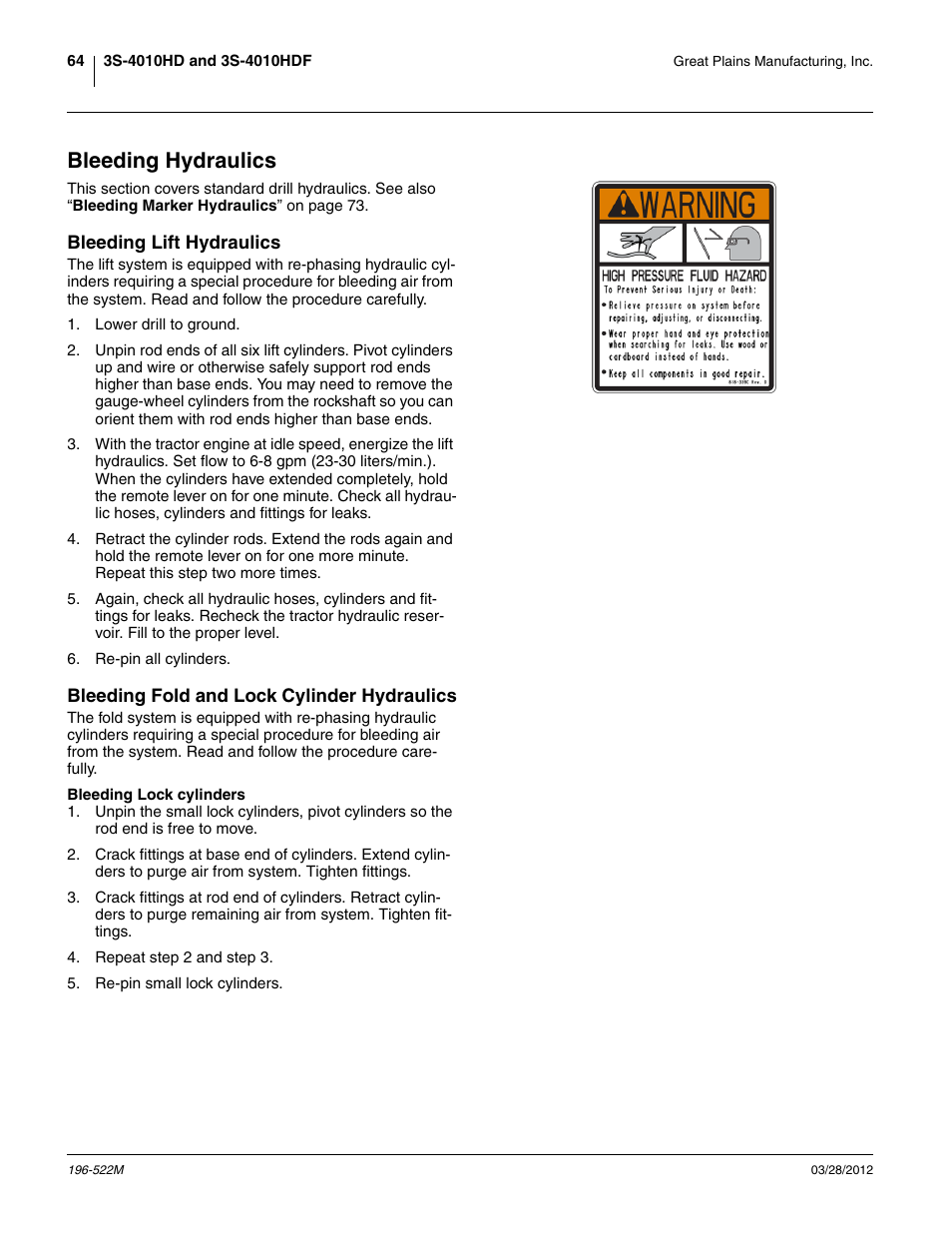 Bleeding hydraulics, Bleeding lift hydraulics, Bleeding fold and lock cylinder hydraulics | Bleeding lock cylinders, Ebleeding hydraulics | Great Plains 3S-4010HDF Operator Manual User Manual | Page 68 / 122