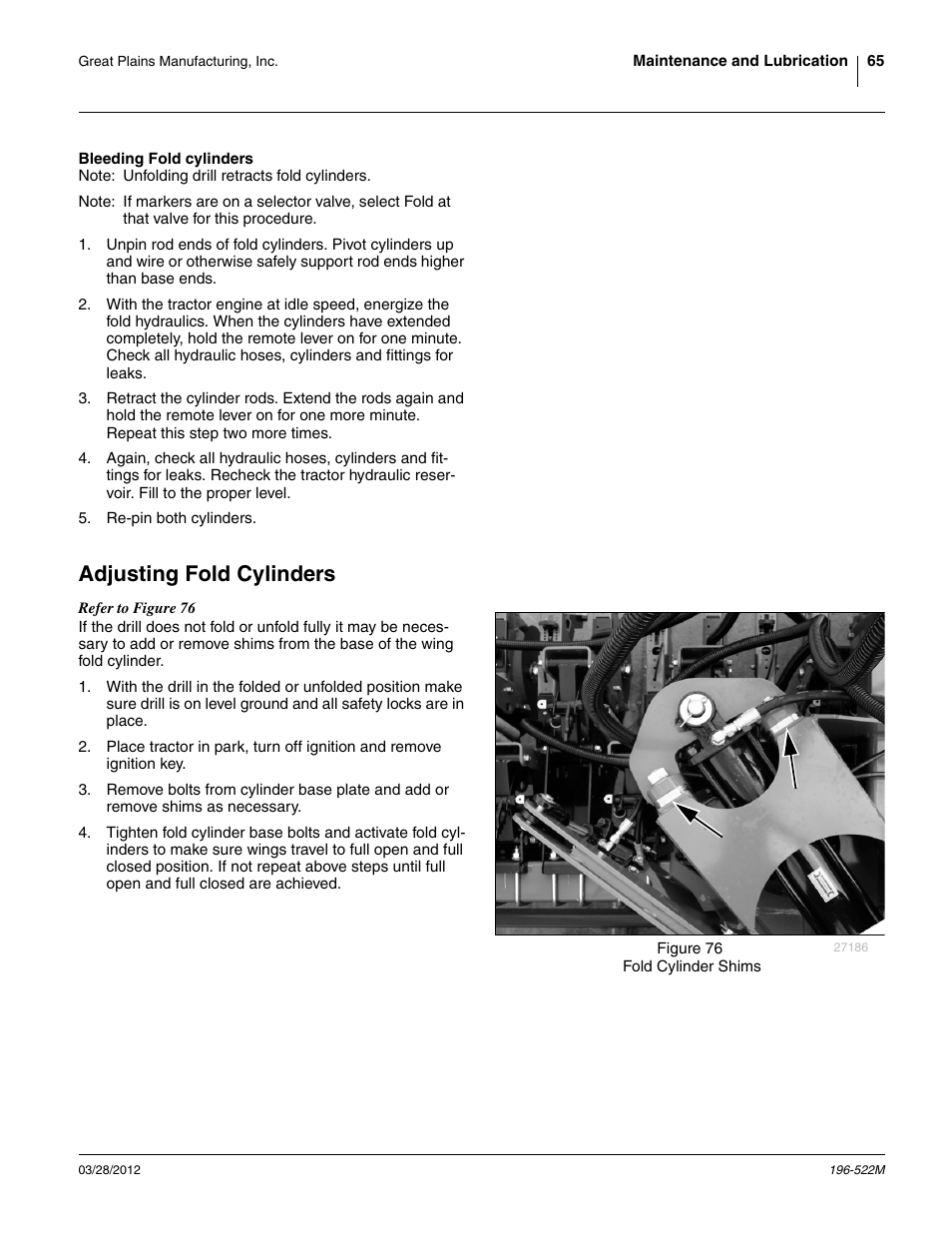 Bleeding fold cylinders, Adjusting fold cylinders | Great Plains 3S-4010HDF Operator Manual User Manual | Page 69 / 122