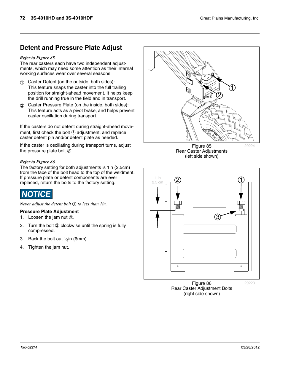 Detent and pressure plate adjust, Pressure plate adjustment, Edetent and pressure plate adjust | Great Plains 3S-4010HDF Operator Manual User Manual | Page 76 / 122