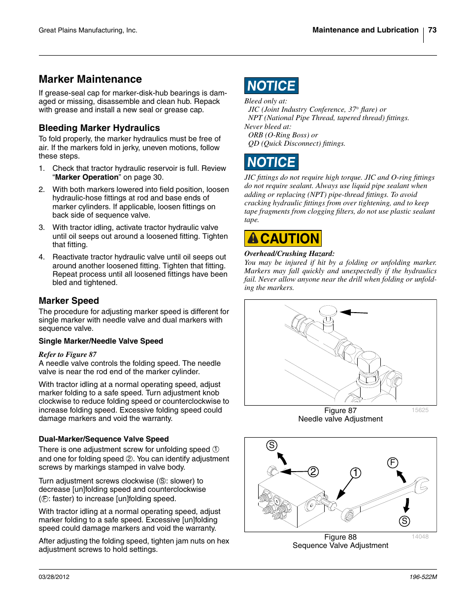 Marker maintenance, Bleeding marker hydraulics, Marker speed | Single marker/needle valve speed, Dual-marker/sequence valve speed, Bleeding marker hydraulics marker speed | Great Plains 3S-4010HDF Operator Manual User Manual | Page 77 / 122