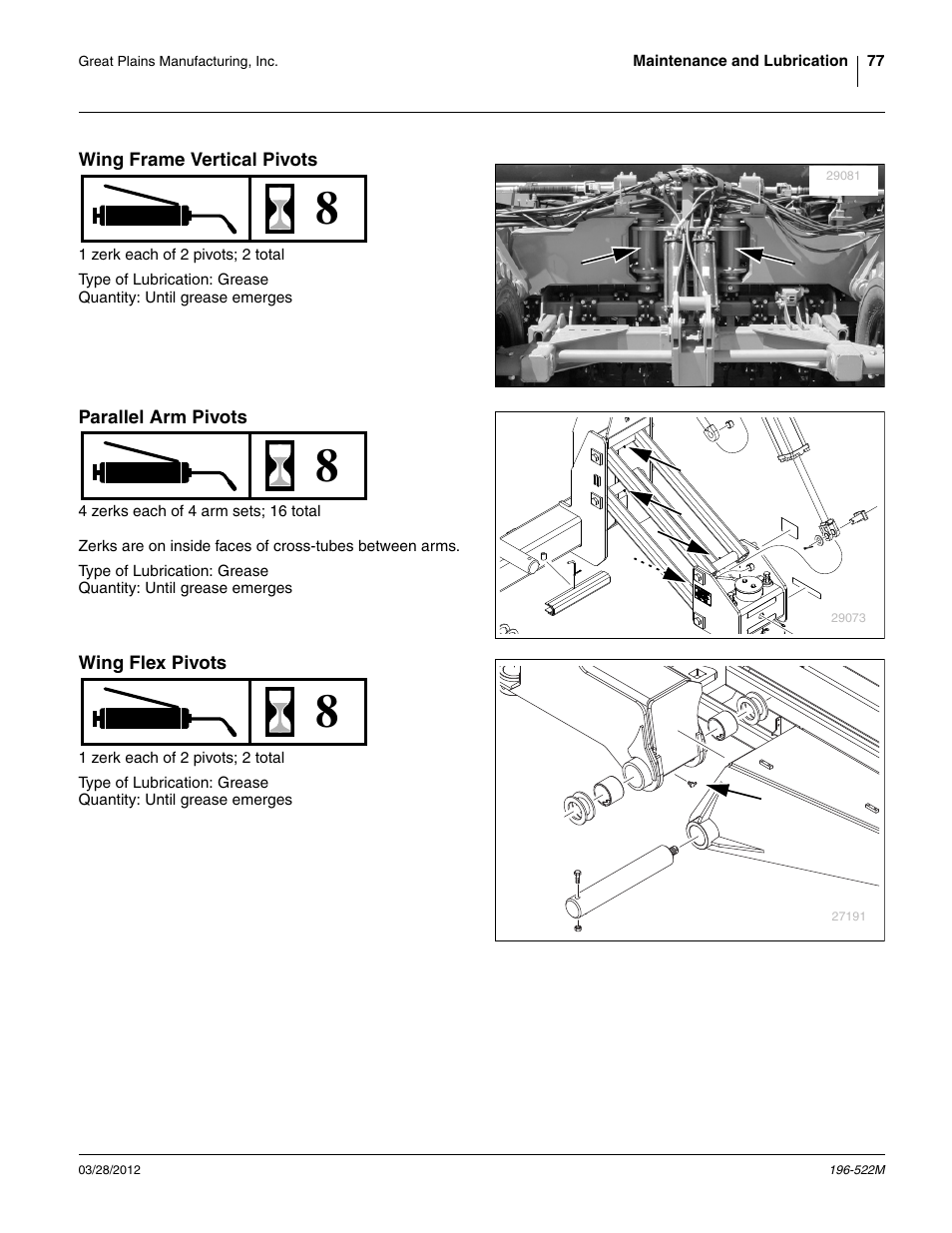 Wing frame vertical pivots, Parallel arm pivots, Wing flex pivots | Great Plains 3S-4010HDF Operator Manual User Manual | Page 81 / 122