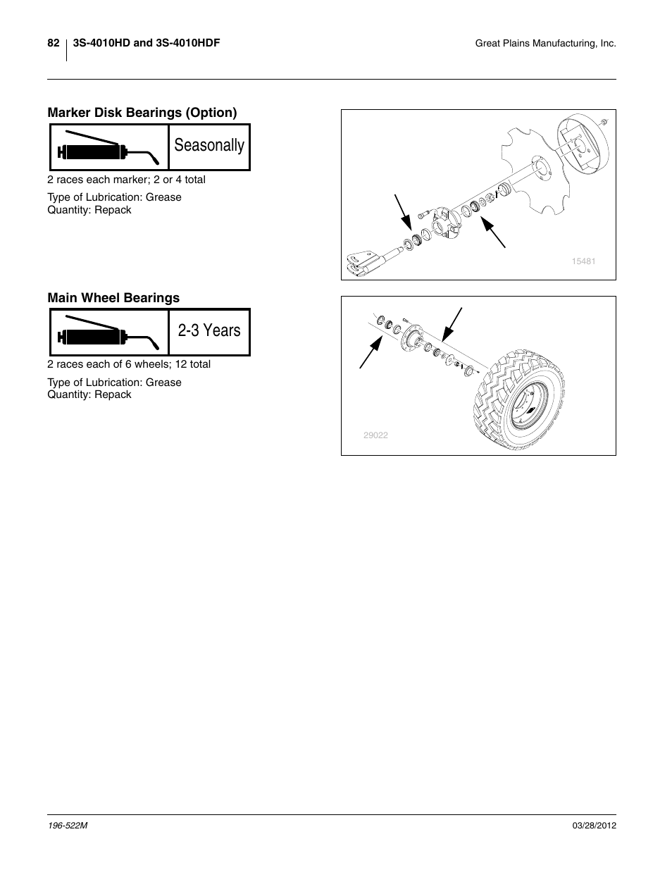 Marker disk bearings (option), Main wheel bearings, Seasonally | 3 years | Great Plains 3S-4010HDF Operator Manual User Manual | Page 86 / 122