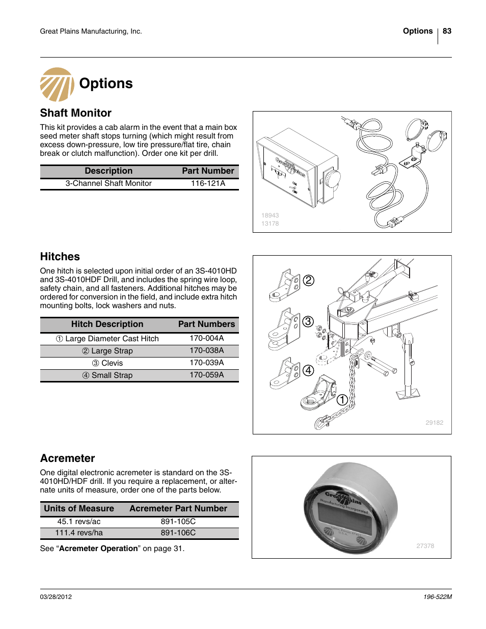 Options, Shaft monitor, Hitches | Acremeter, Options shaft monitor hitches acremeter | Great Plains 3S-4010HDF Operator Manual User Manual | Page 87 / 122