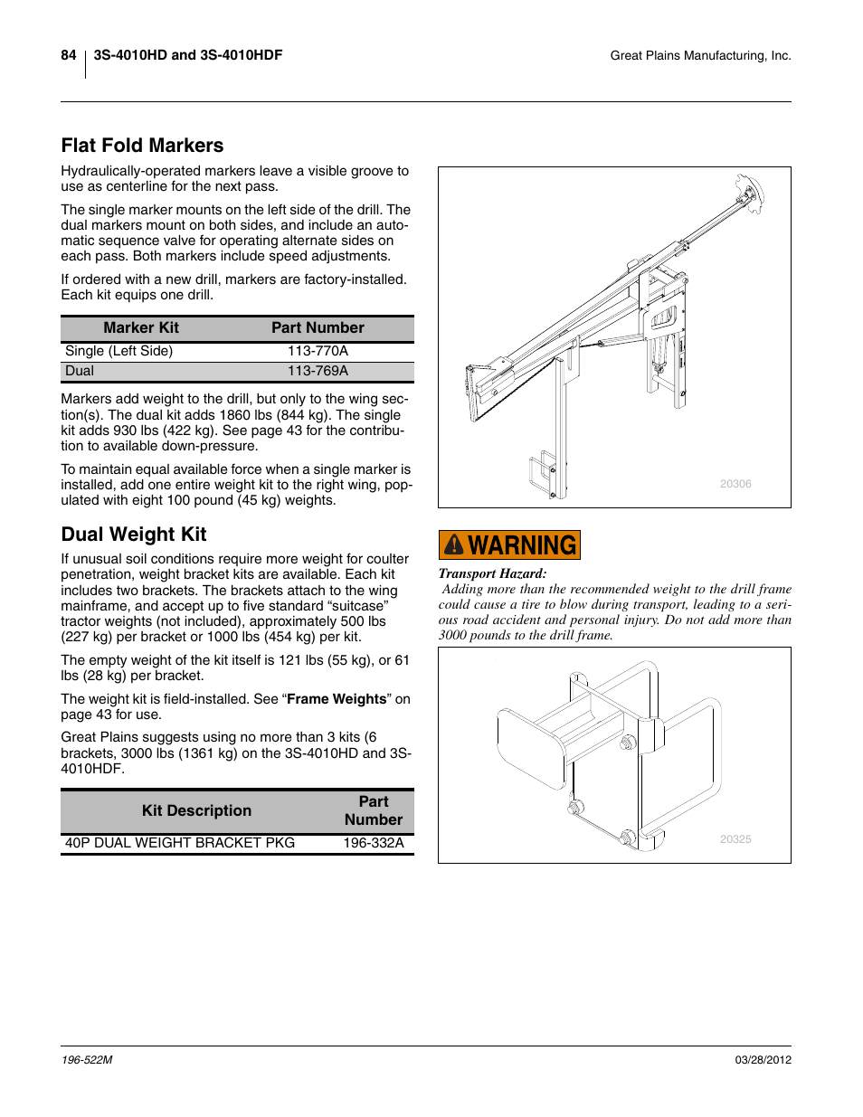 Flat fold markers, Dual weight kit, Flat fold markers dual weight kit | Eflat fold markers | Great Plains 3S-4010HDF Operator Manual User Manual | Page 88 / 122