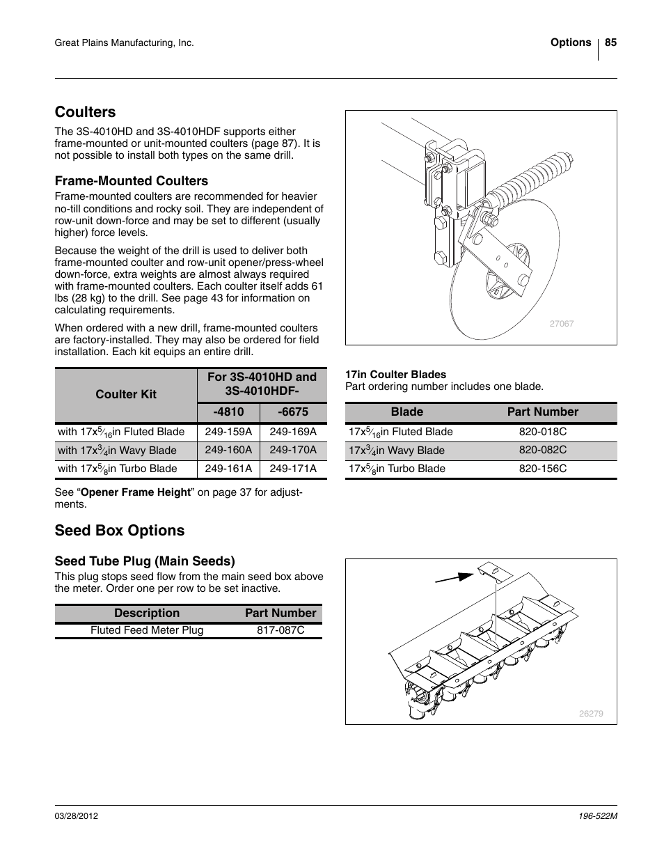 Coulters, Frame-mounted coulters, Seed box options | Seed tube plug (main seeds), 17in coulter blades | Great Plains 3S-4010HDF Operator Manual User Manual | Page 89 / 122