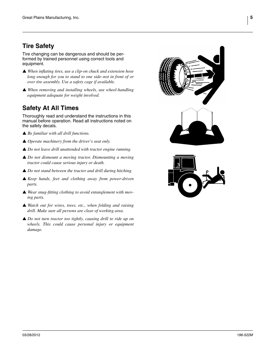 Tire safety, Safety at all times | Great Plains 3S-4010HDF Operator Manual User Manual | Page 9 / 122