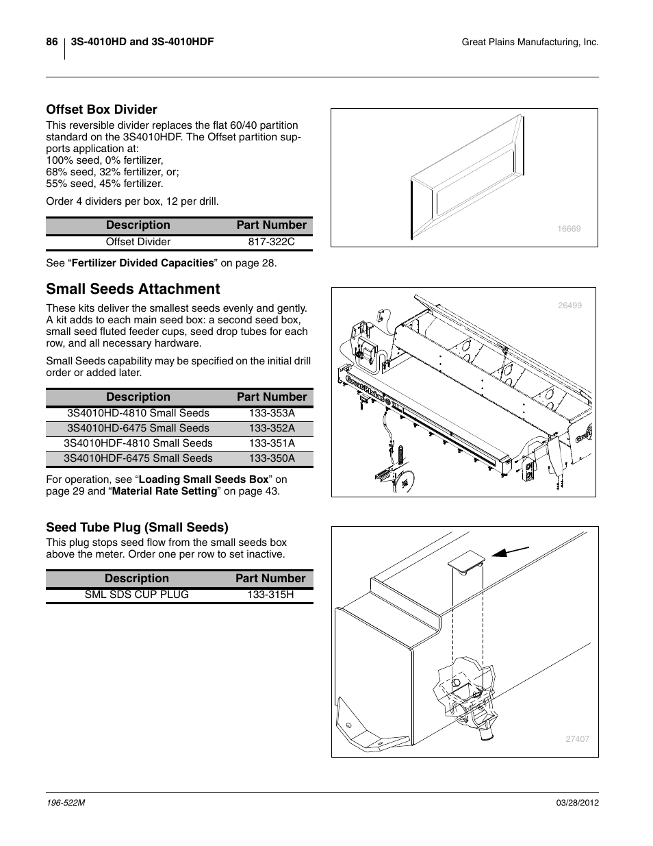 Offset box divider, Small seeds attachment, Seed tube plug (small seeds) | Great Plains 3S-4010HDF Operator Manual User Manual | Page 90 / 122