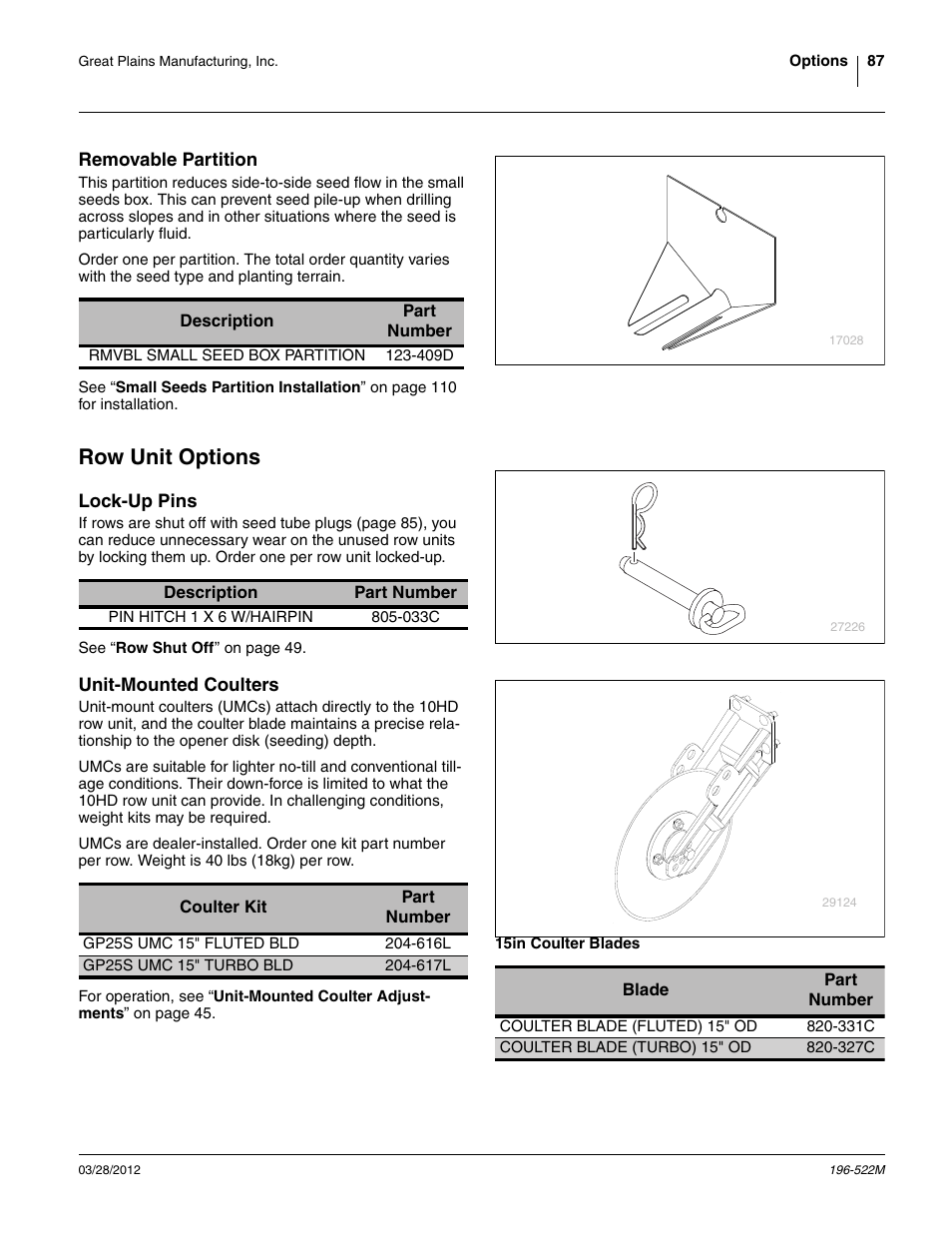 Removable partition, Row unit options, Lock-up pins | Unit-mounted coulters, 15in coulter blades, Lock-up pins unit-mounted coulters | Great Plains 3S-4010HDF Operator Manual User Manual | Page 91 / 122